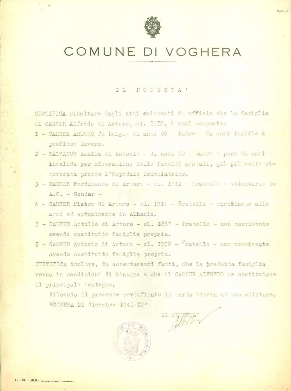 Documento originale, autentico 1941 VOGHERA PV WW2 Stato di famiglia di Alfredo CARRER Documento 1