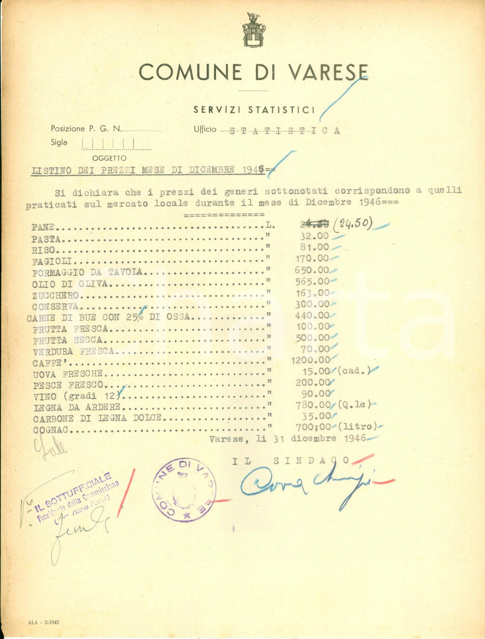 Documento originale, autentico 1946 VARESE Listino prezzi dei generi alimentari dopo la guerra Documento 1