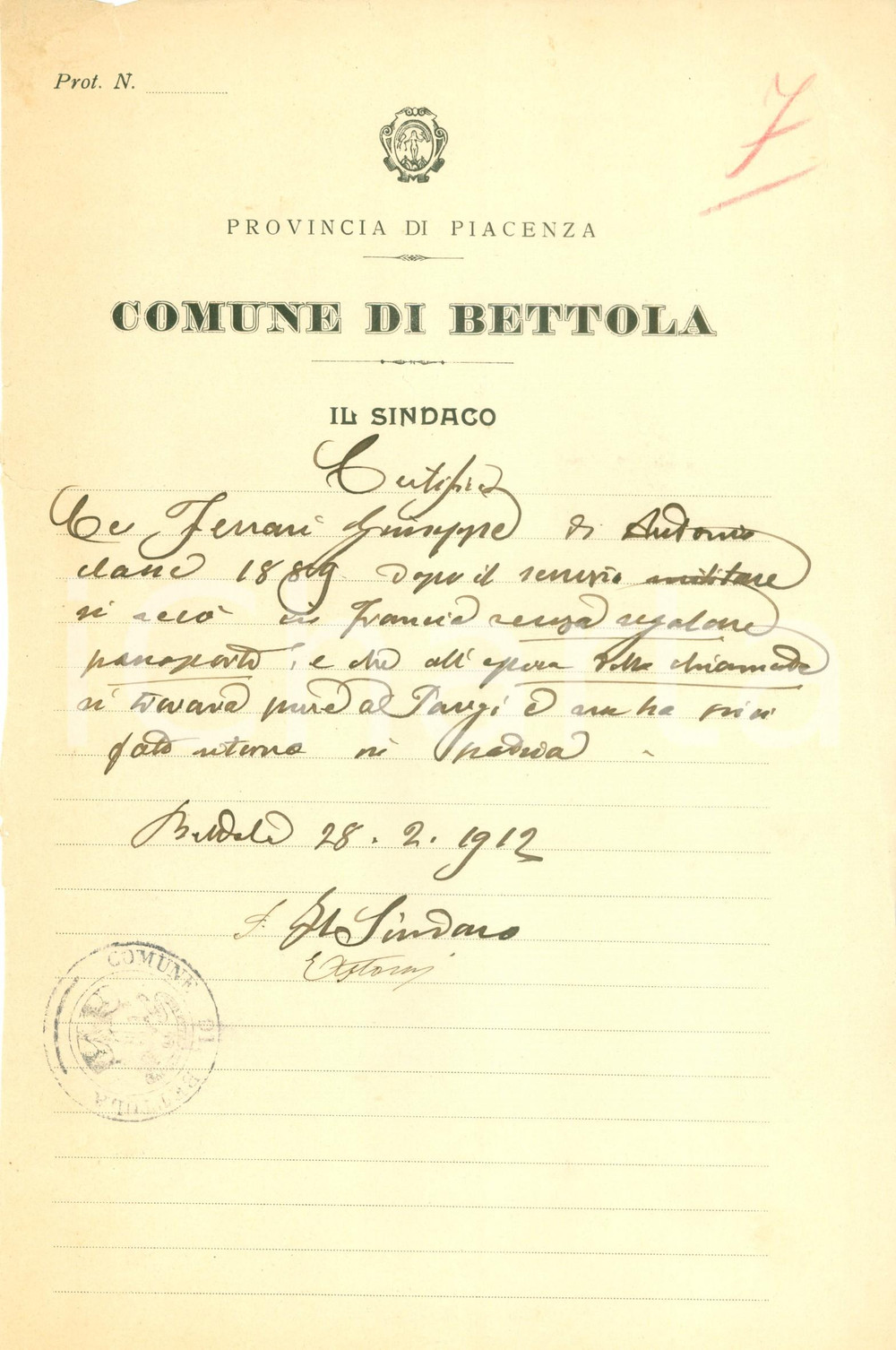 1912 BETTOLA (PC) Giuseppe FERRARI va in FRANCIA senza passaporto *Documento