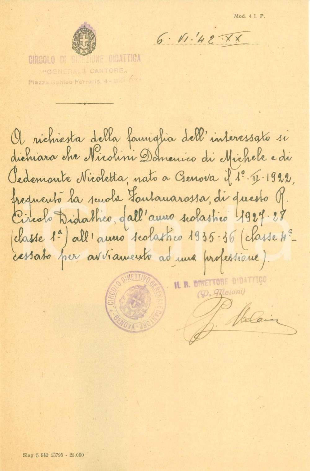 Documento originale, autentico 1942 GENOVA Domenico NICOLINI ha frequentato scuola FONTANAROSSA Documento 1