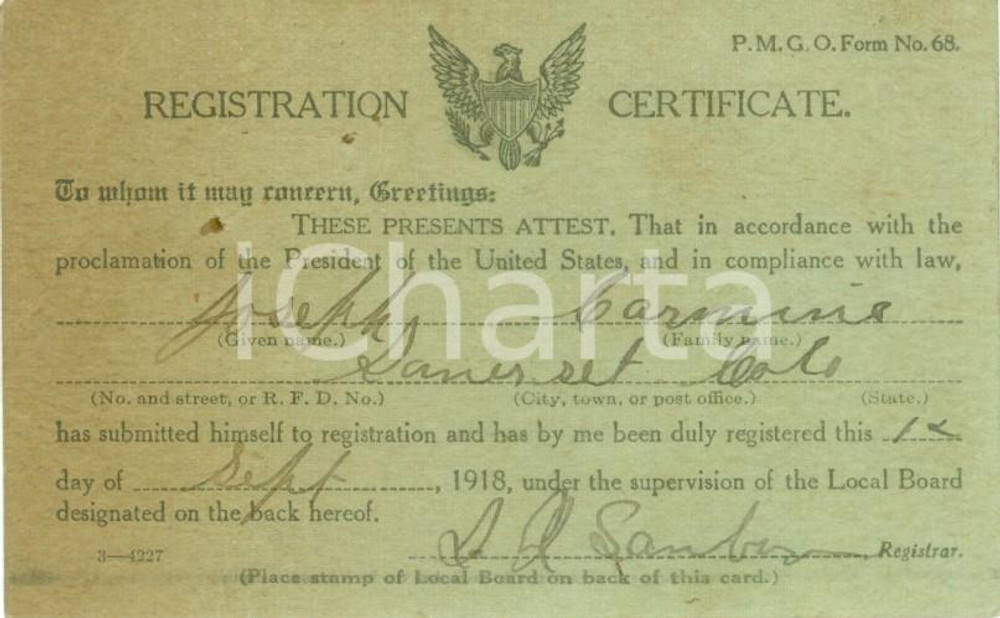 Oggetto da collezione cartaceo 1918 GUNNISON, COLORADO USA Tessera di registrazione immigrato Joseph CARMINE 1