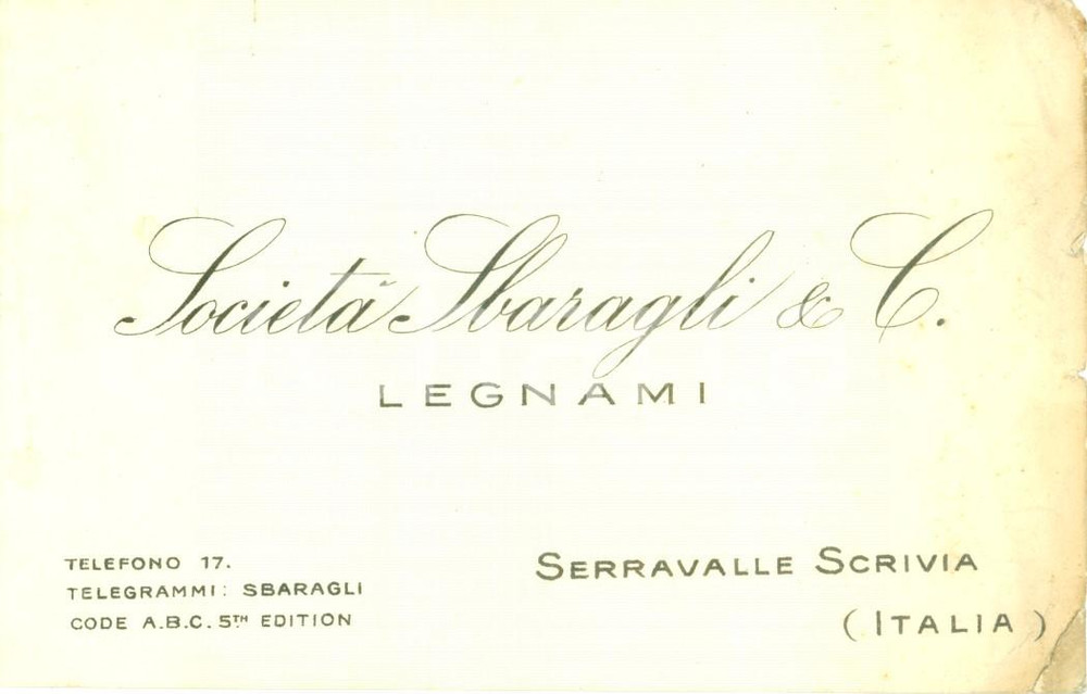 Materiale pubblicitario d’epoca 1930 ca SERRAVALLE SCRIVIA AL Società SBARAGLI & C. Legnami Biglietto 1