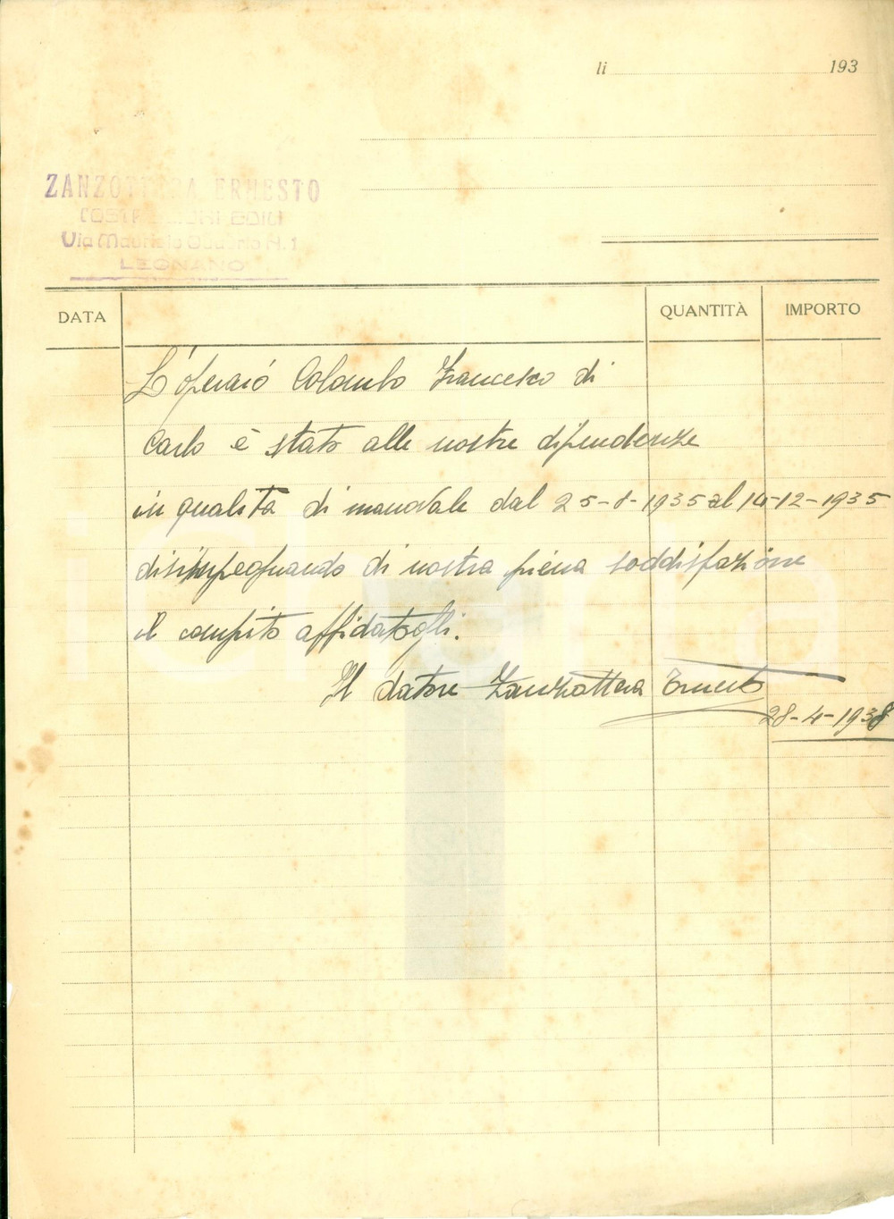 Documento originale, autentico 1938 LEGNANO MI Ernesto ZANZOTTERA costruzioni edili Dichiarazione 1