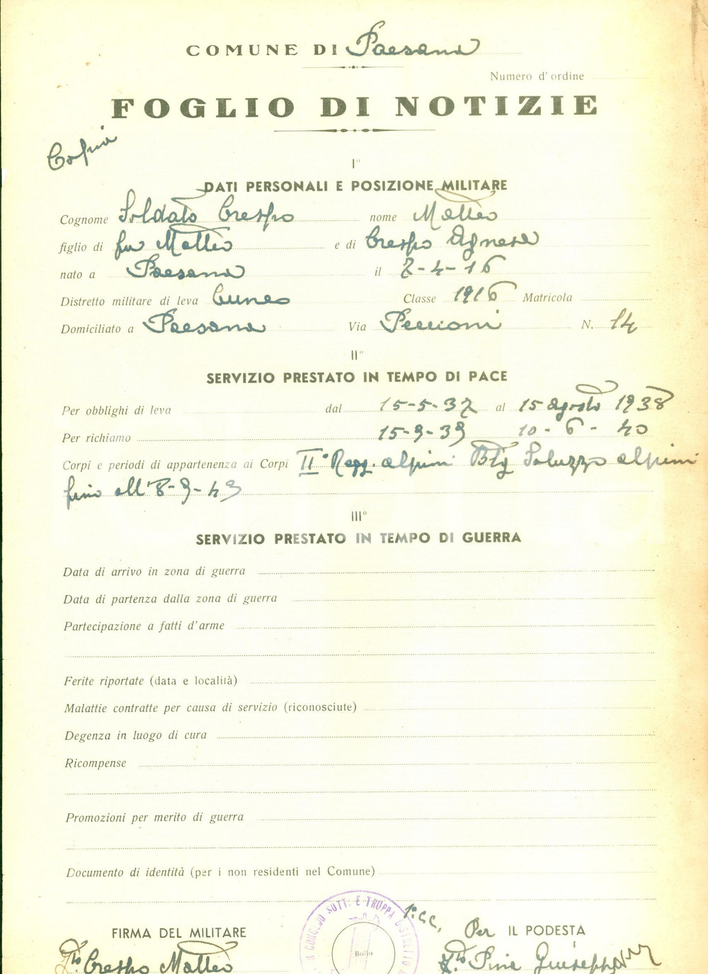 Documento originale, autentico 1944 PAESANA CN WW2 RSI Matteo CRESPO II Reggimento Alpini Stato di servizio 1