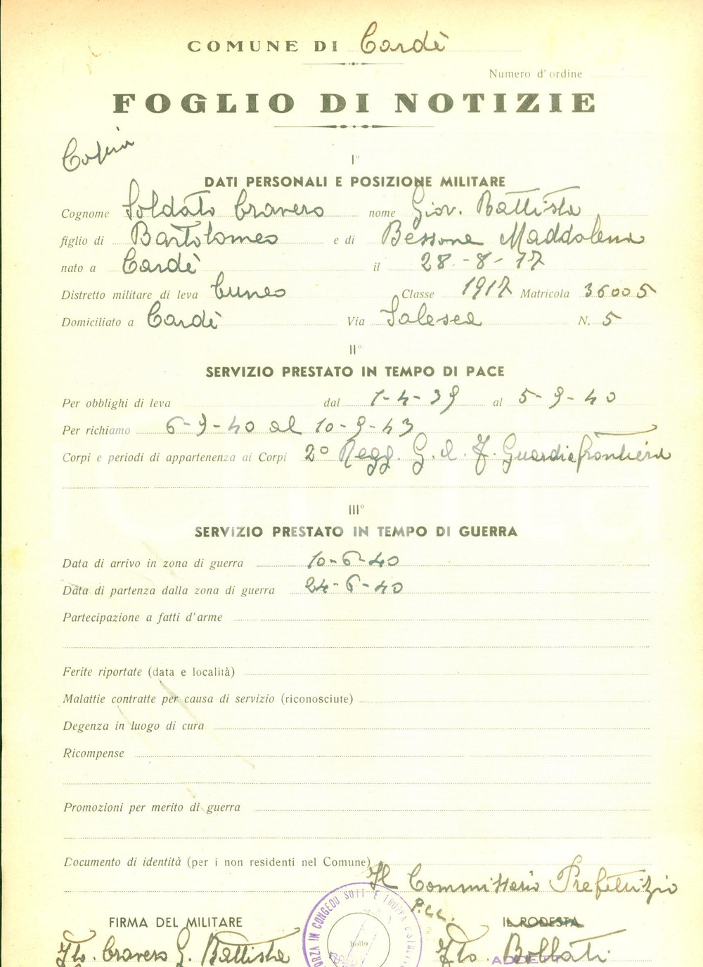 Documento originale, autentico 1944 CARDE  WW2 RSI Giovanni Battista CRAVERO guardia frontiera stato servizio 1