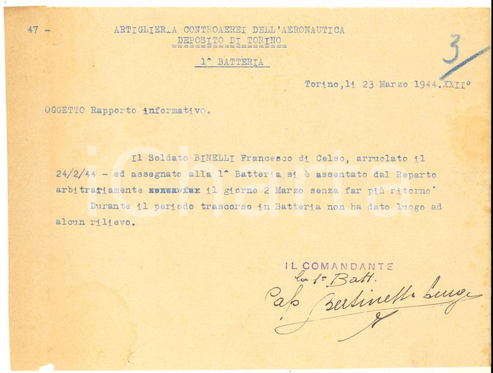 Documento originale, autentico 1944 TORINO RSI Artiglieria Contraerei Francesco BINELLI scappa da 1Â° Batteria 1
