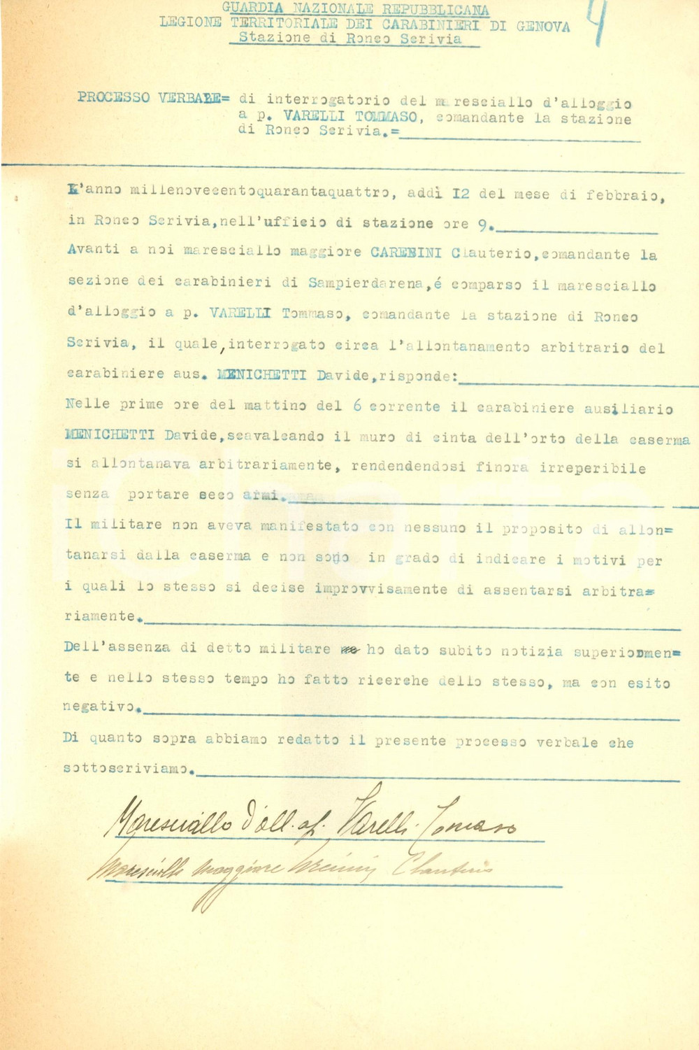 Documento originale, autentico 1944 RONCO SCRIVIA GE RSI Davide MENICHETTI scappa dalla caserma senza armi 1