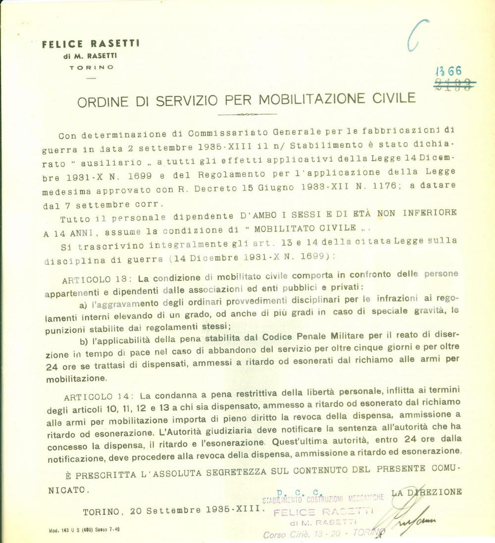 Documento originale, autentico 1935 TORINO Costruzioni meccaniche Felice RASETTI in mobilitazione civile 1