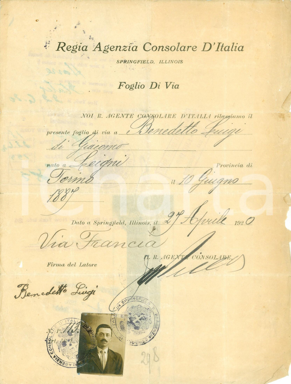 Documento originale, autentico 1920 SPRINGFIELD, ILLINOIS USA Foglio di via di Luigi BENEDETTO con fotografia 1