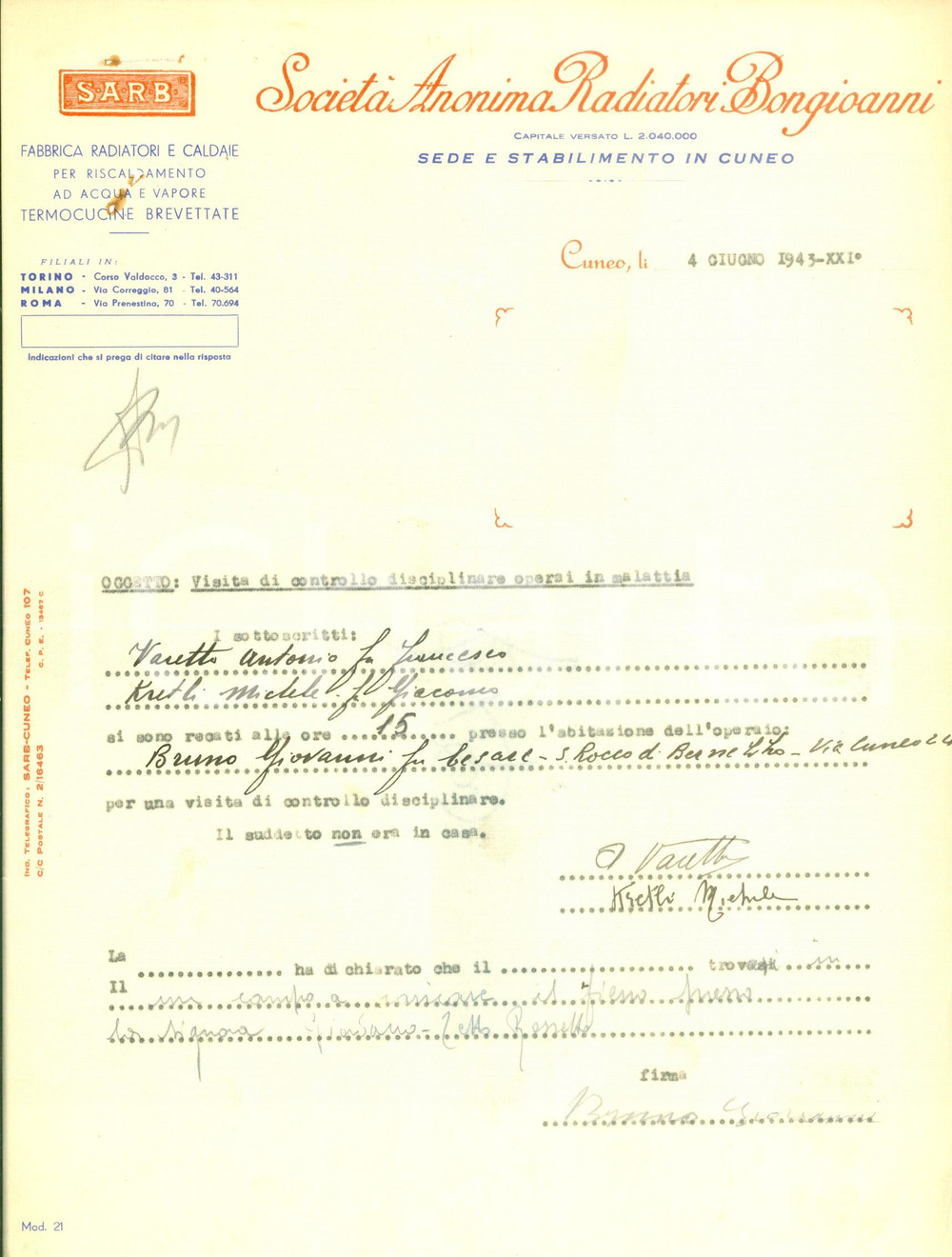 Documento originale, autentico 1943 CUNEO SocietÃ  Anonima Radiatori BONGIOANNI Giovanni BRUNO riceve controllo 1