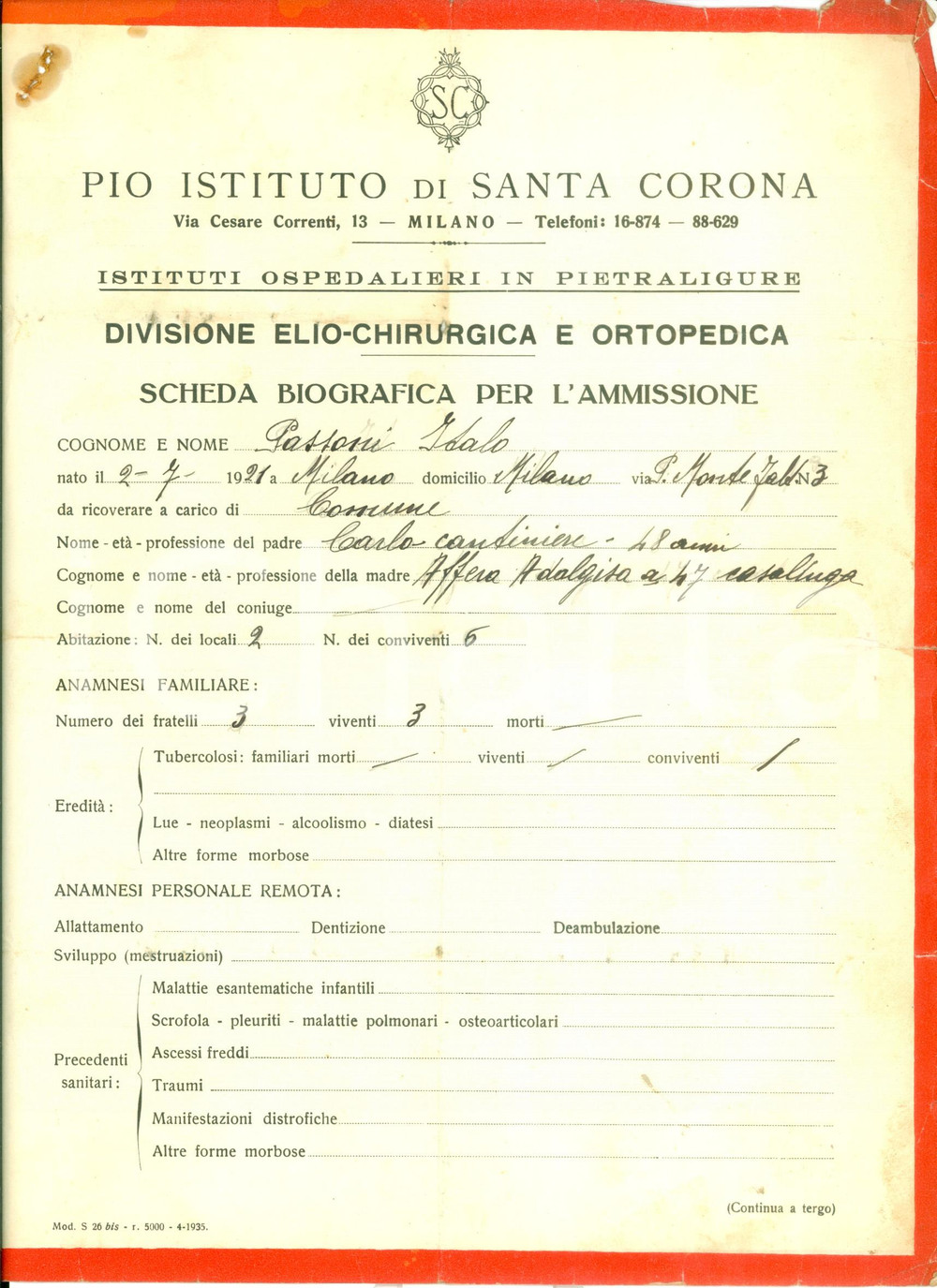 Documento originale, autentico 1939 PIETRA LIGURE SV Italo PASSONI ricoverato al Pio Istituto SANTA CHIARA 1