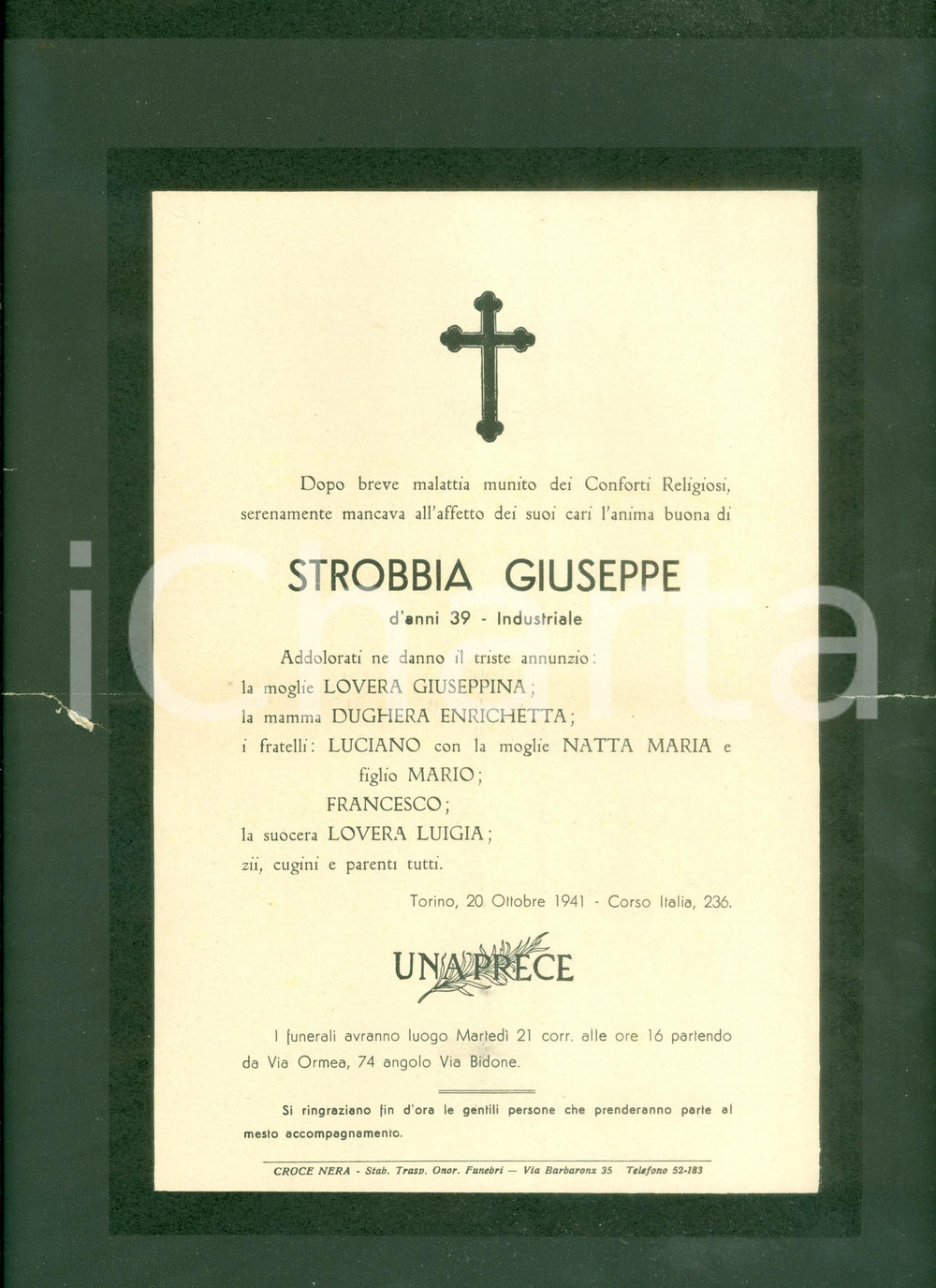 Documento originale, autentico 1941 TORINO Giuseppe STROBBIA morto dopo breve malattia Annuncio a lutto 1