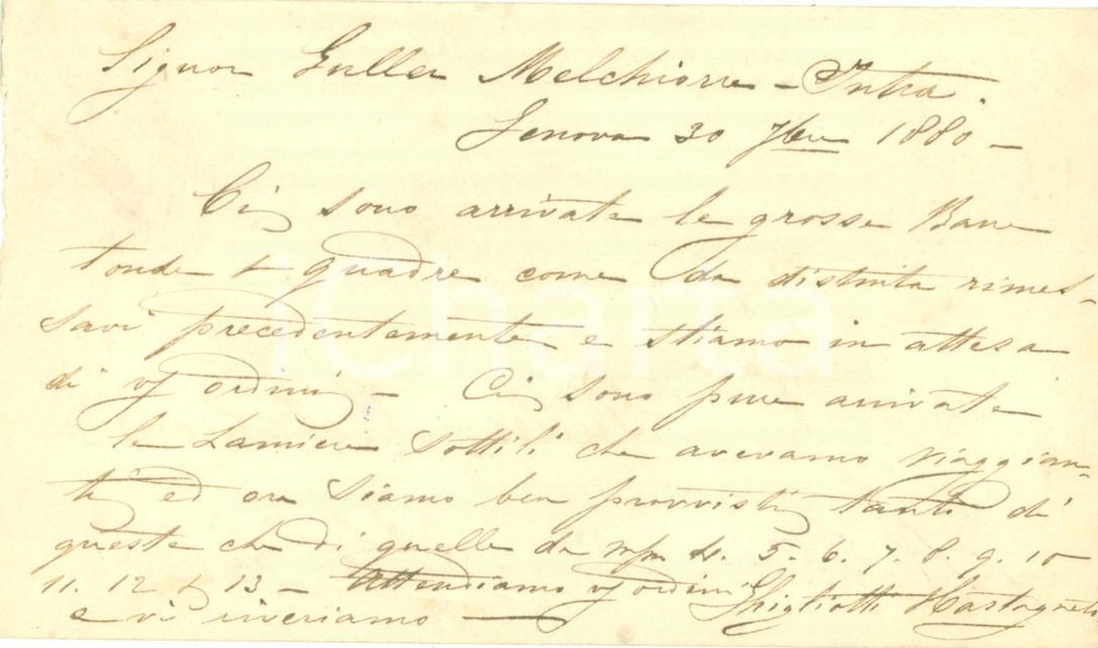 Documento originale, autentico 1880 GENOVA Ditta GHIGLIOTTI E CASTAGNETO riceve barre da Melchiorre GULLER 1