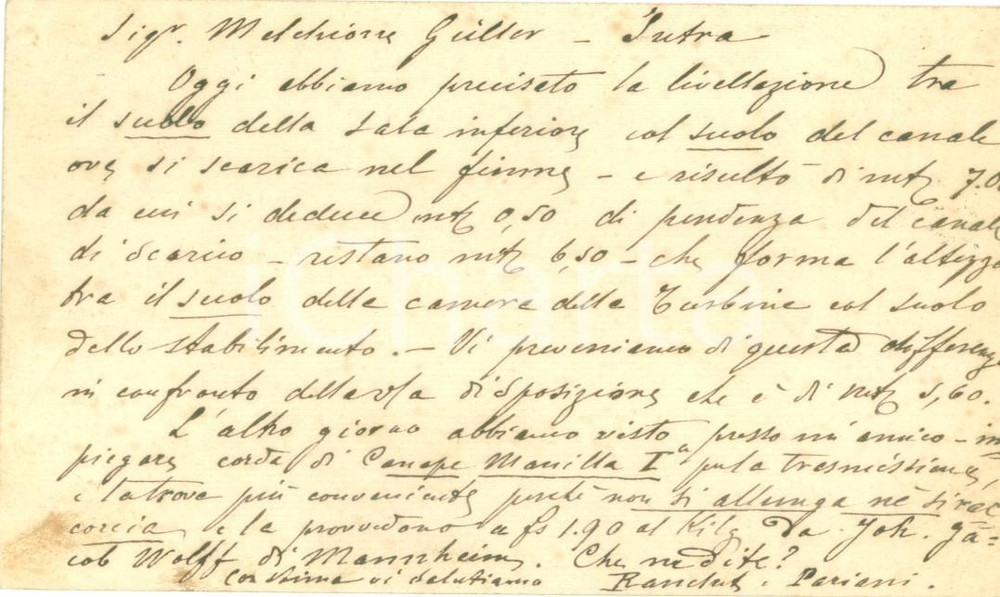 Documento originale, autentico 1882 BRINZIO Ditta RAUCHITZ PARIANI livellazione stabilimento Melchiorre GULLER 1