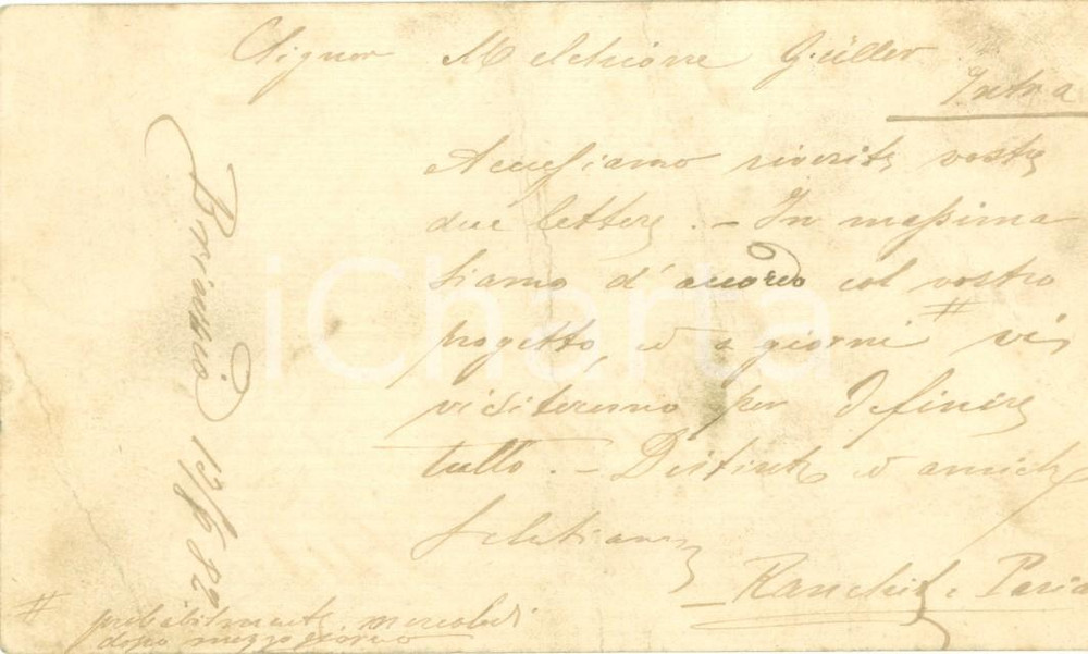 Documento originale, autentico 1882 BRINZIO VA Ditta RAUCHITZ & PARIANI annuncia visita a Melchiorre GULLER 1