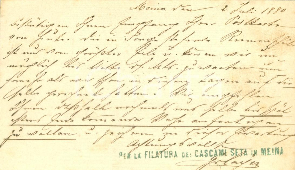Documento originale, autentico 1880 MEINA NO Filatura dei Cascami di Seta a Melchiorre GULLER Cartolina 1