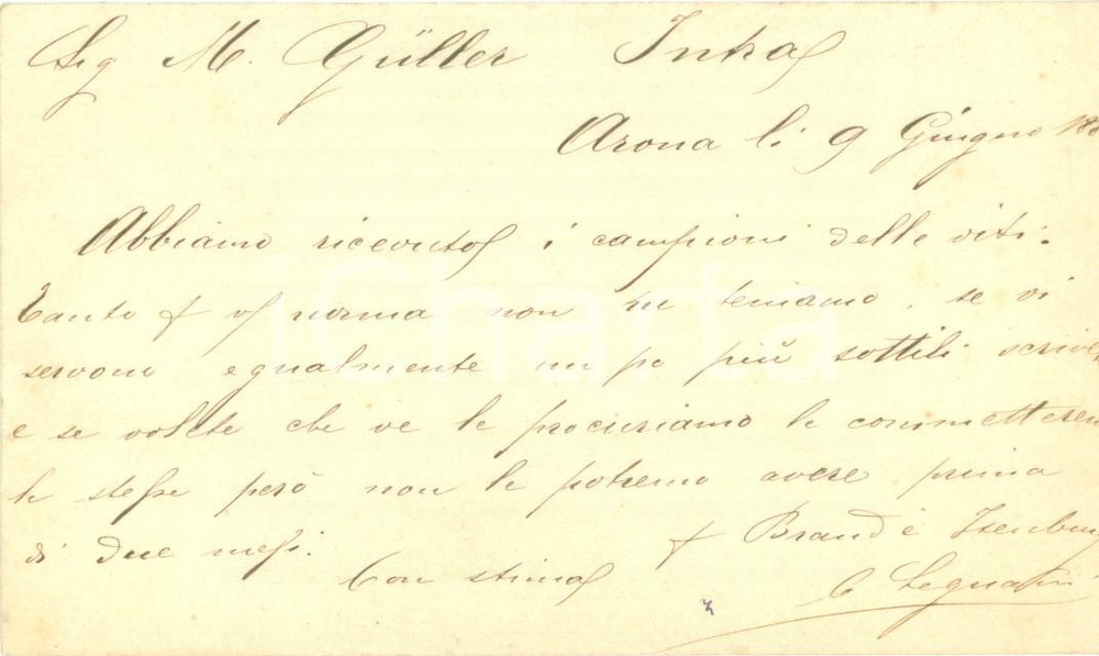 Documento originale, autentico 1880 ARONA NO Ditta BRAND & ISENBURG riceve viti da Melchiorre GULLER di INTRA 1