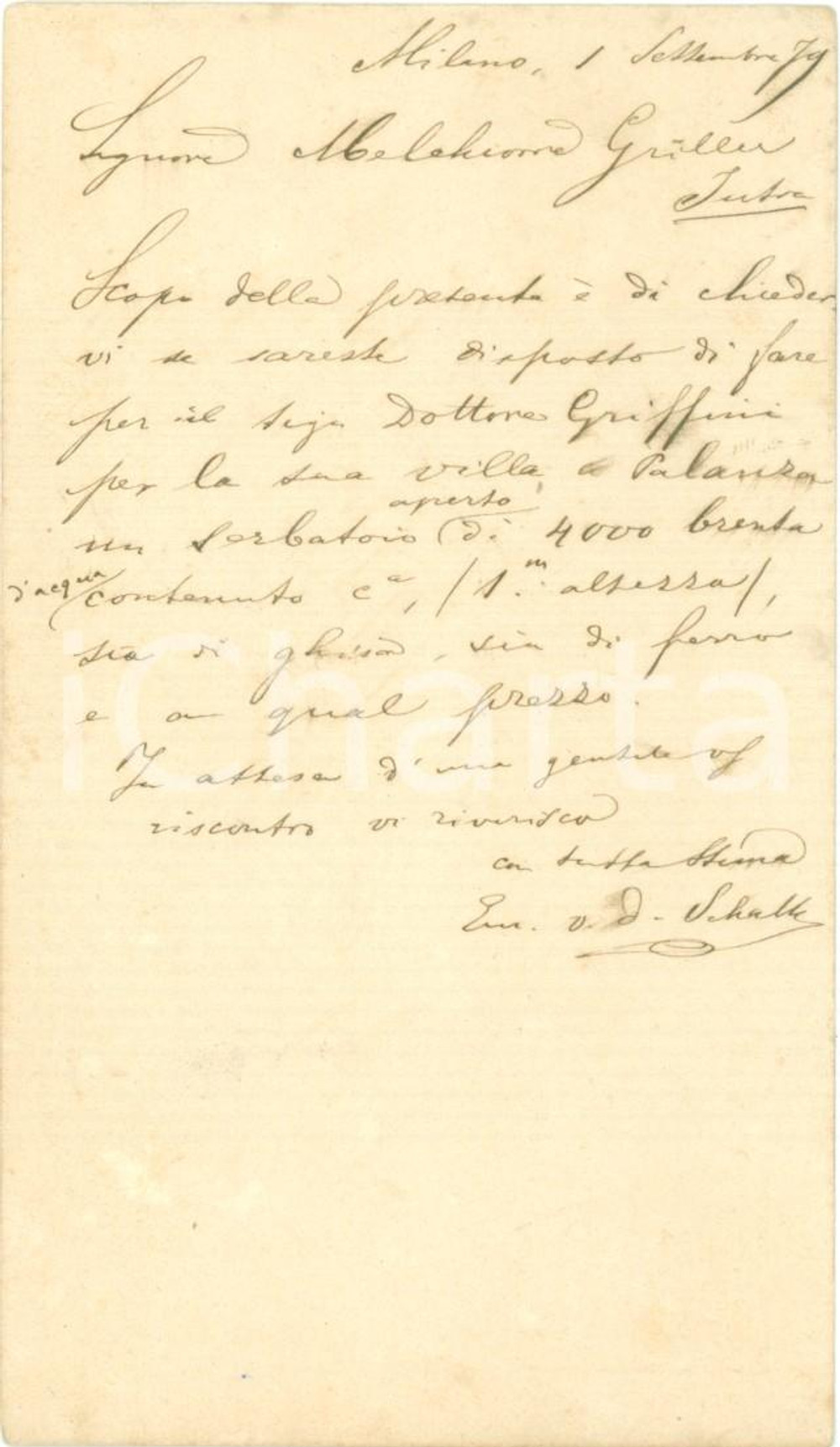 Documento originale, autentico 1879 VERBANIA PALLANZA Melchiorre GULLER serbatoio per Villa Ciro GRIFFINI 1