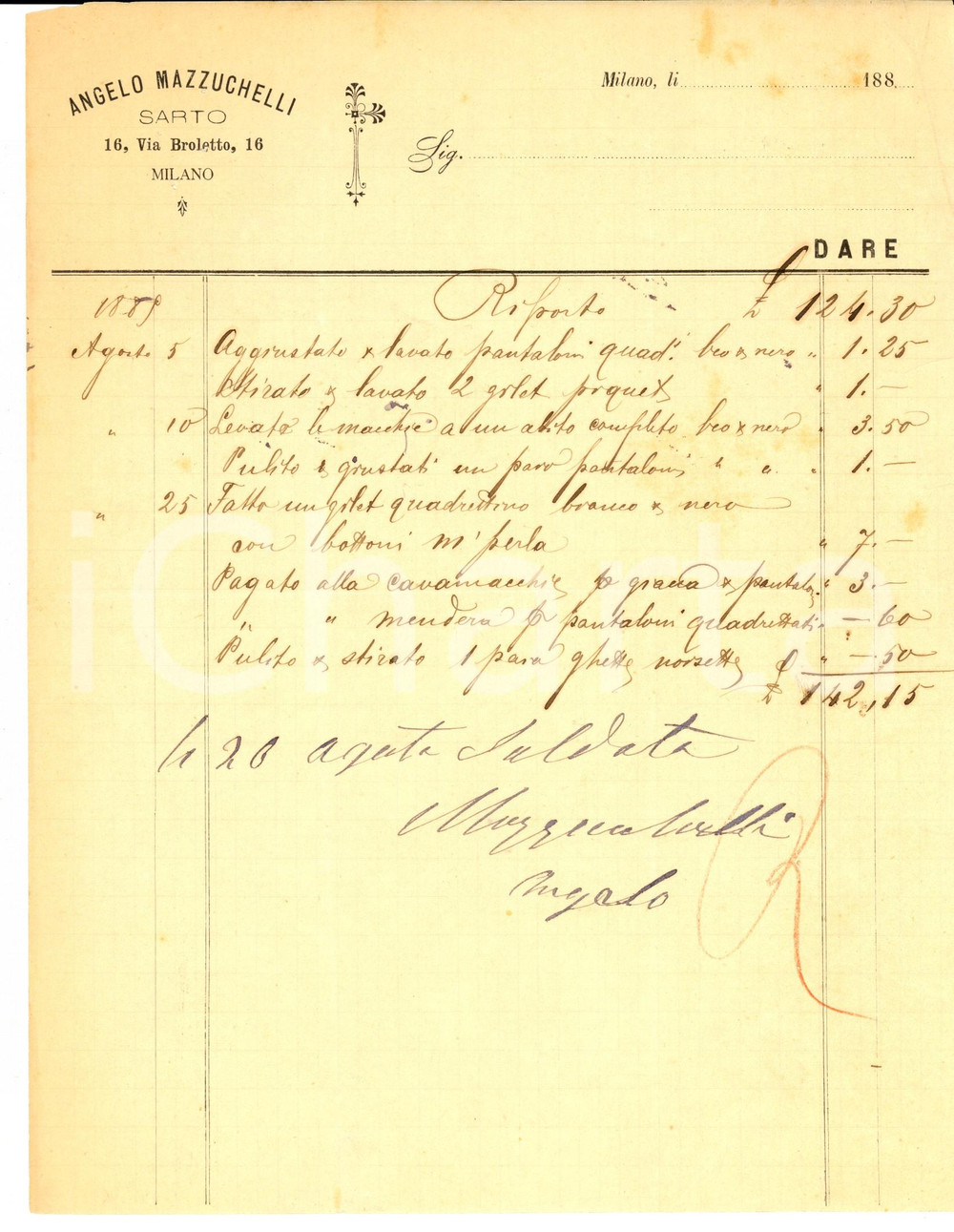Documento originale, autentico 1889 MILANO via BROLETTO Sarto Angelo MAZZUCHELLI Fattura manoscritta 1