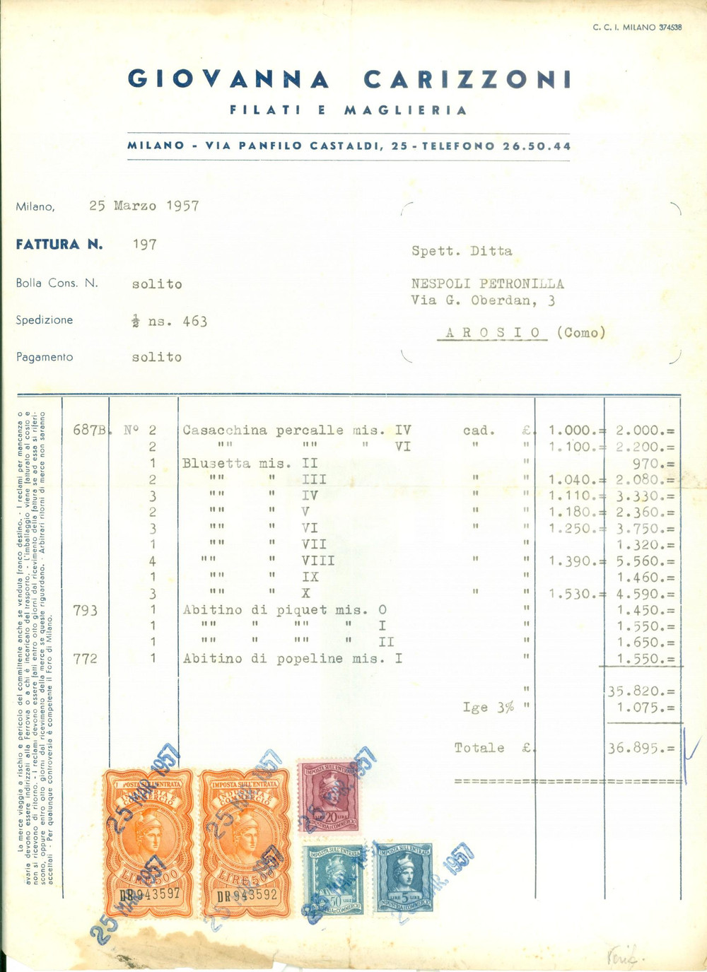 Documento originale, autentico 1957 MILANO Via Panfilo Castaldi 25 Giovanna CARIZZONI filati e maglieria Fattu 1