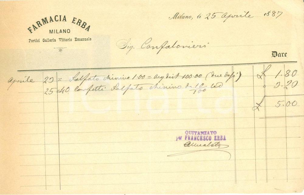 Documento originale, autentico 1887 MILANO Farmacia ERBA Fattura intestata per solfato chimico 1