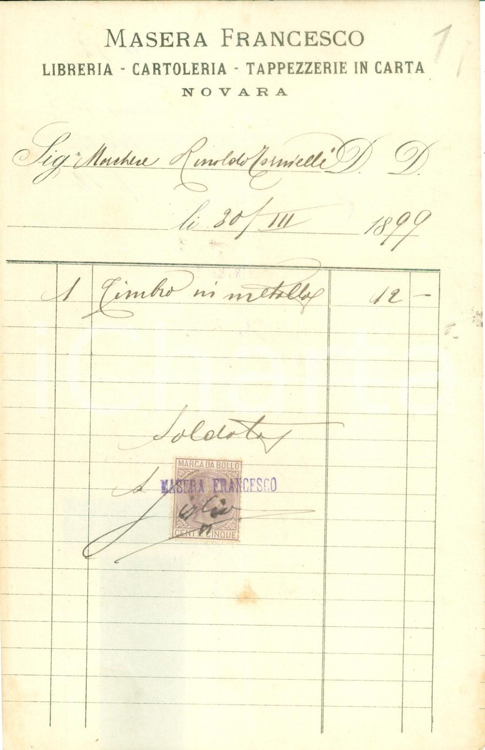 Documento originale, autentico 1899 NOVARA Francesco MASERA Libreria Cartoleria Tappezzerie in carta Fattura 1