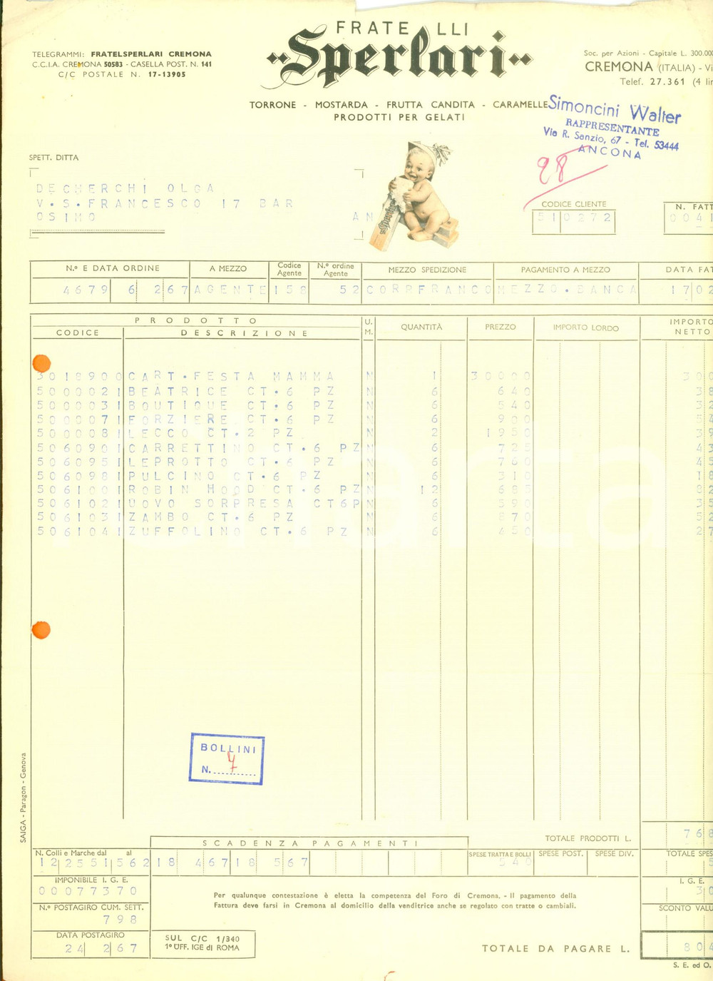 Documento originale, autentico 1967 CREMONA F.lli SPERLARI Torrone mostarda frutta candita Fattura DANNEGGIATA 1
