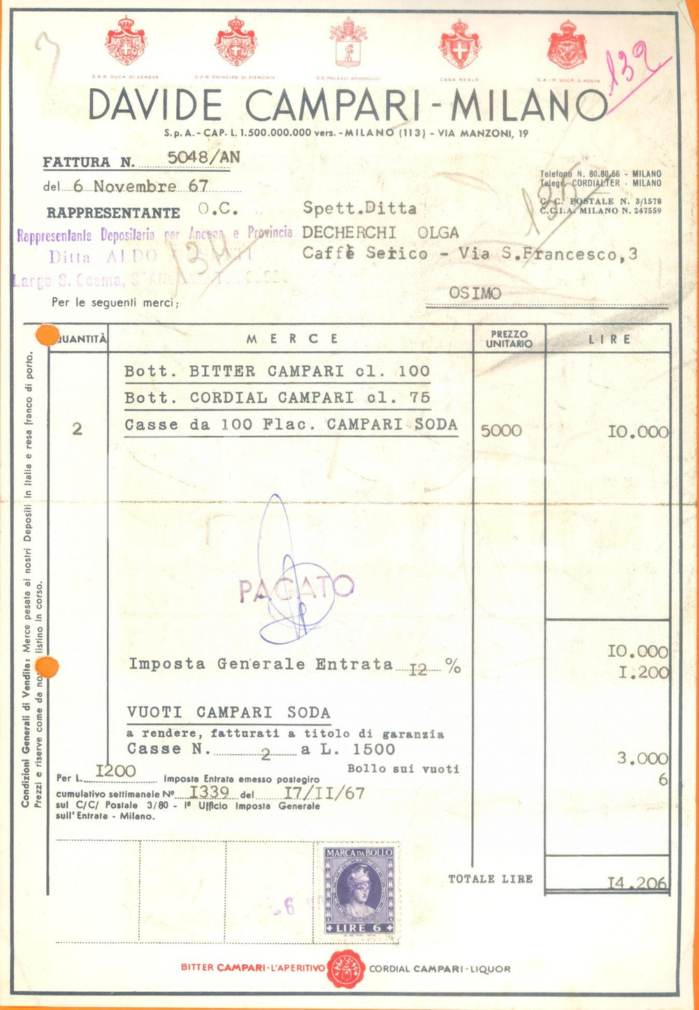 Documento originale, autentico 1967 MILANO Davide CAMPARI invia casse di Bitter e Cordial Fattura intestata 1