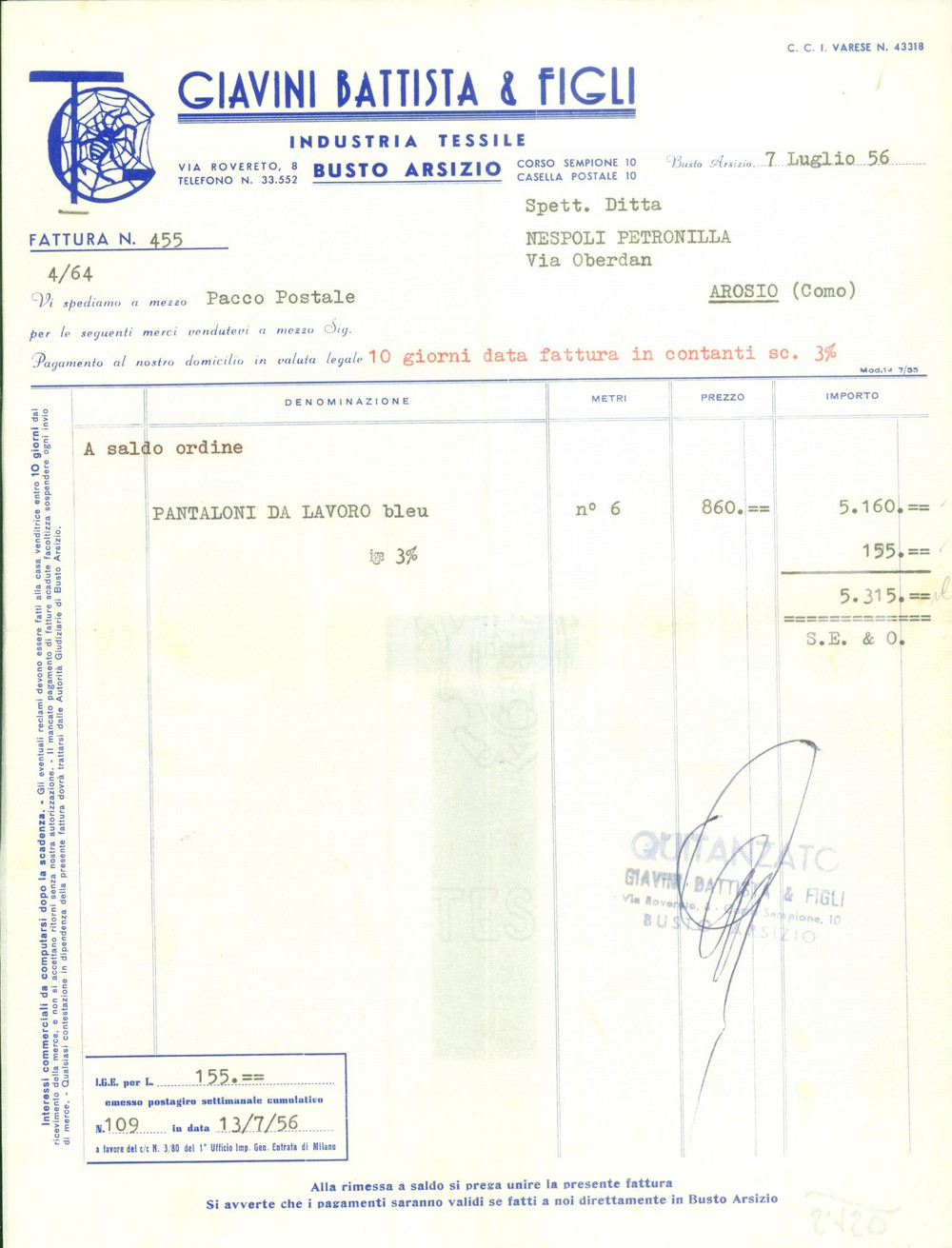 Documento originale, autentico 1956 BUSTO ARSIZIO VA Industria Tessile GIAVINI Battista & Figli Fattura 1