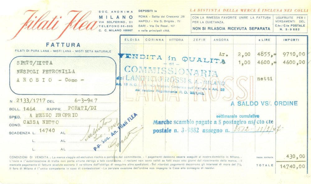 Documento originale, autentico 1947 MILANO Filati FLEA pura lana misti lana Fattura DANNEGGIATA 1