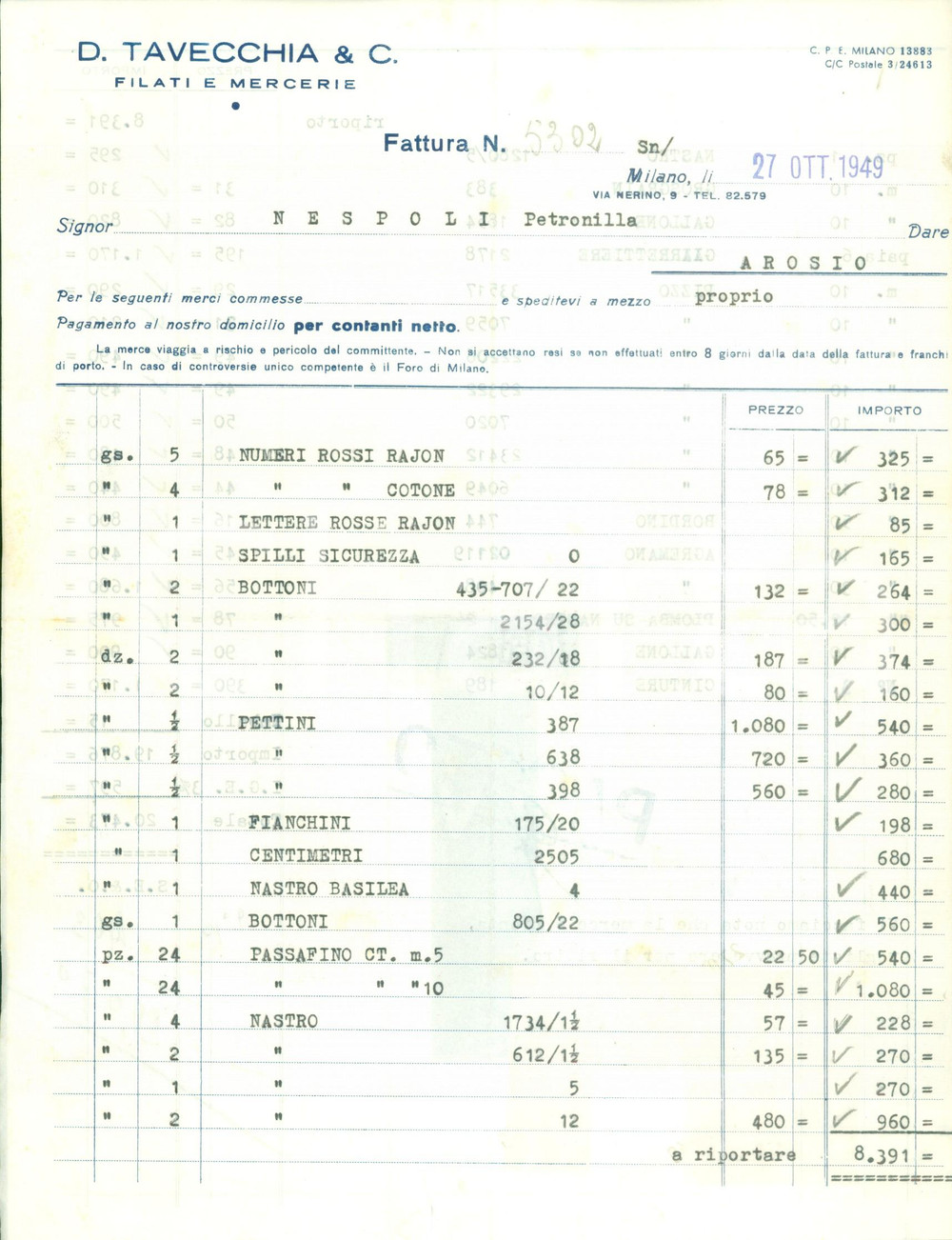 Documento originale, autentico 1949 MILANO Filati e Mercerie D. TAVECCHIA & C. Fattura commerciale intestata 1