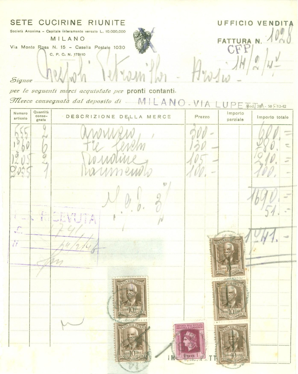 Documento originale, autentico 1947 MILANO Sete Cucirine Riunite Fattura commerciale intestata 1