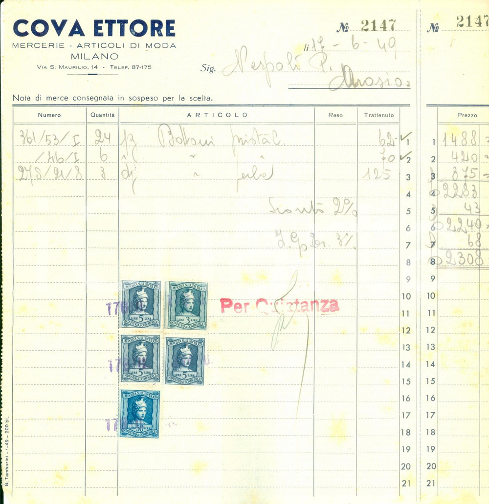 Documento originale, autentico 1949 MILANO Mercerie Articoli di moda COVA Ettore Fattura commerciale intestata 1