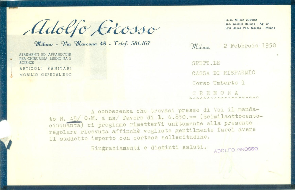 Documento originale, autentico 1950 MILANO Articoli sanitari Adolfo GROSSO Strumenti chirurgia Documento 1