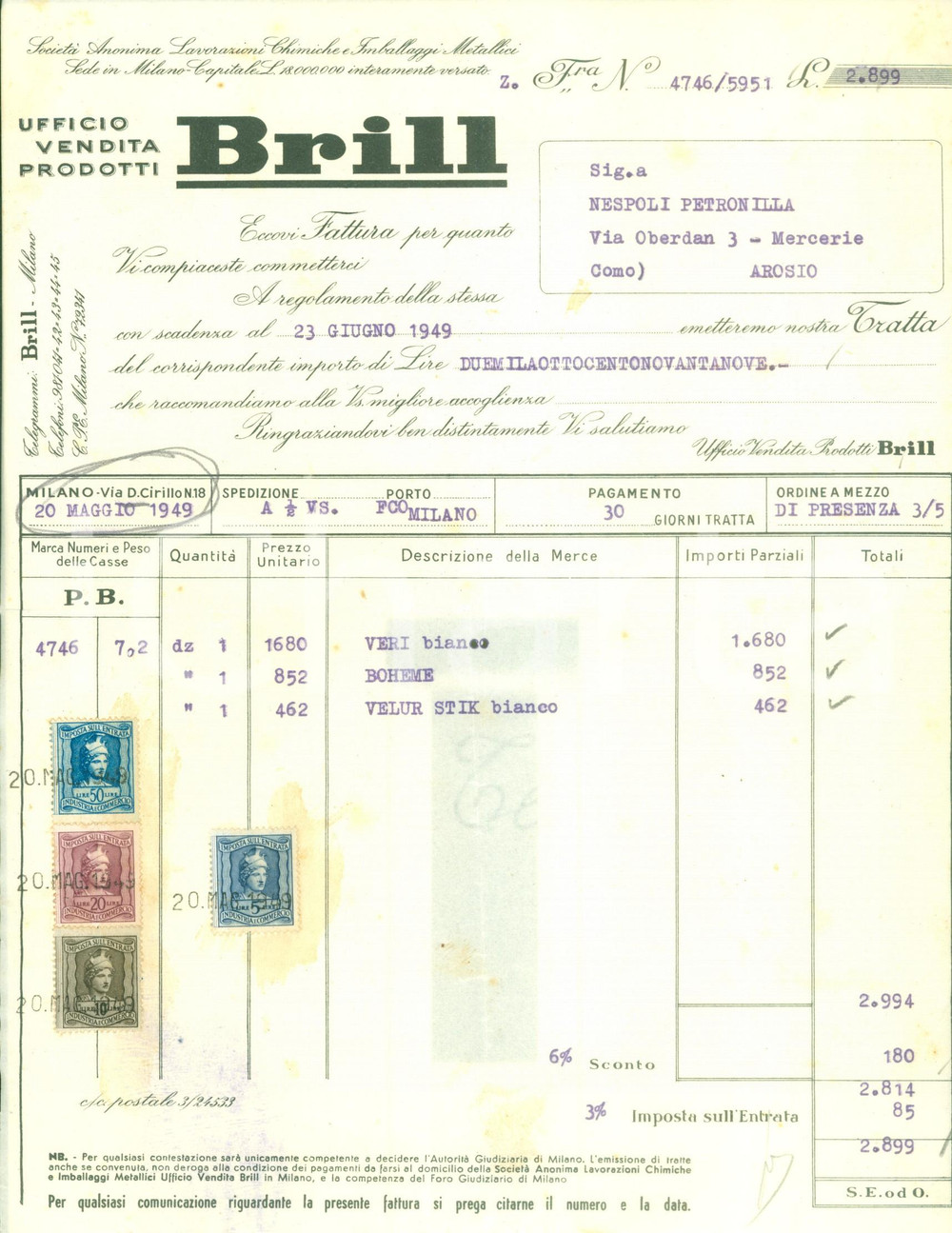 Documento originale, autentico 1949 MILANO Lavorazioni Chimiche e Imballaggi Metallici BRILL Fattura 1