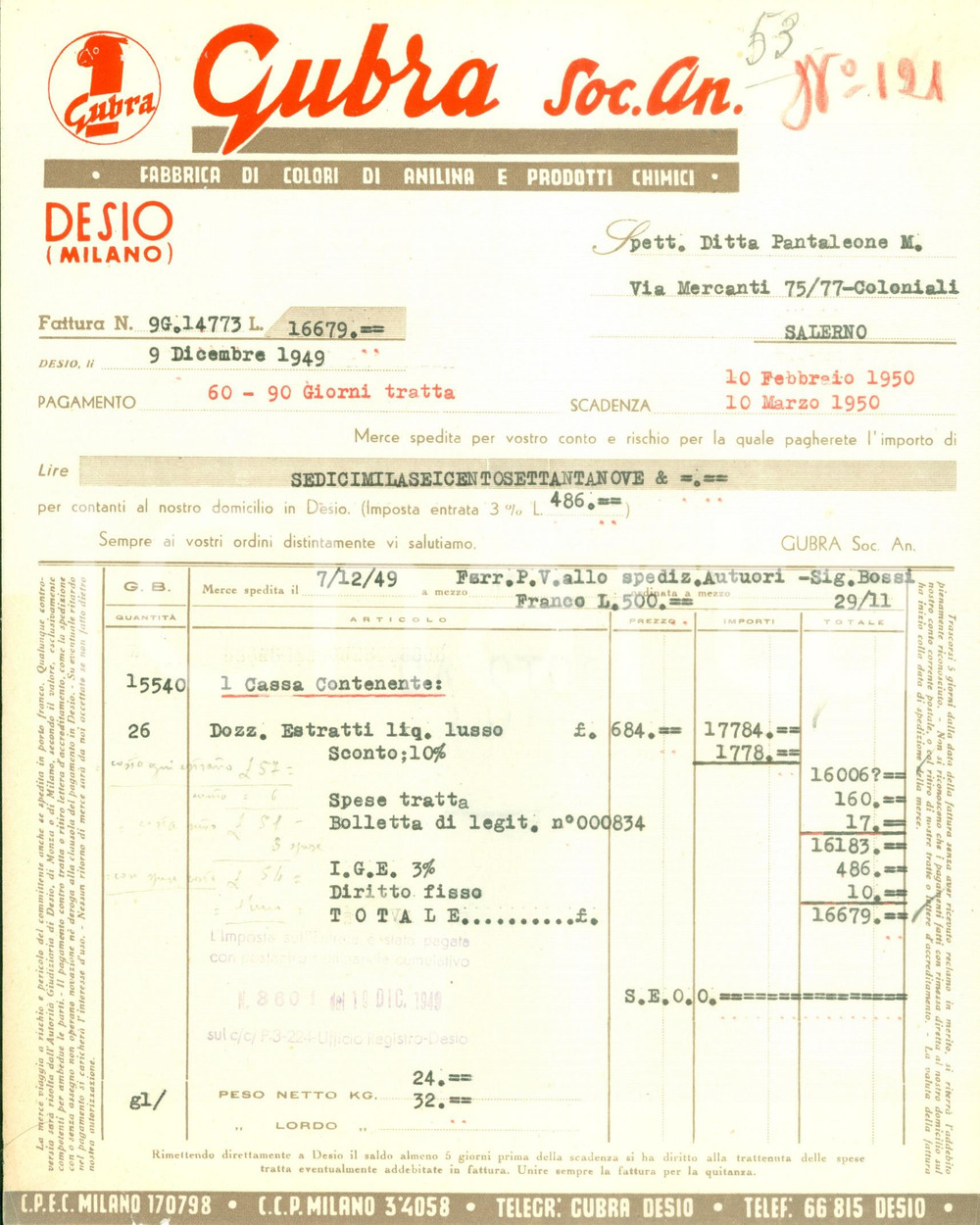 Documento originale, autentico 1950 DESIO MB SocietÃ  GUBRA Fabbrica colori anilina prodotti chimici Fattura 1
