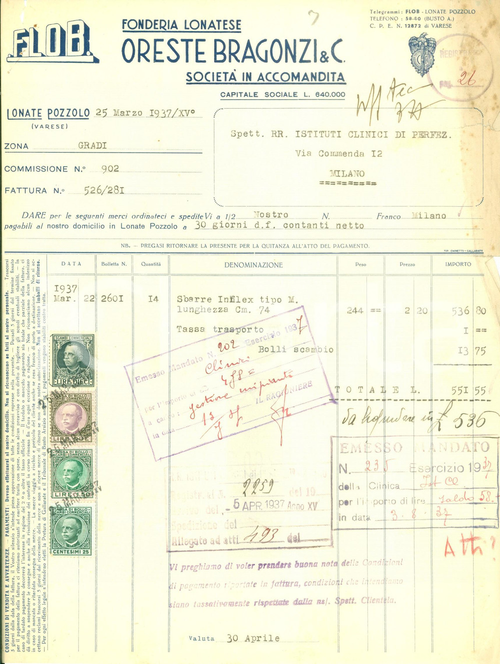 Documento originale, autentico 1937 LONATE POZZOLO VA Fonderia Lonatese Oreste BRAGONZI Fattura DANNEGGIATA 1