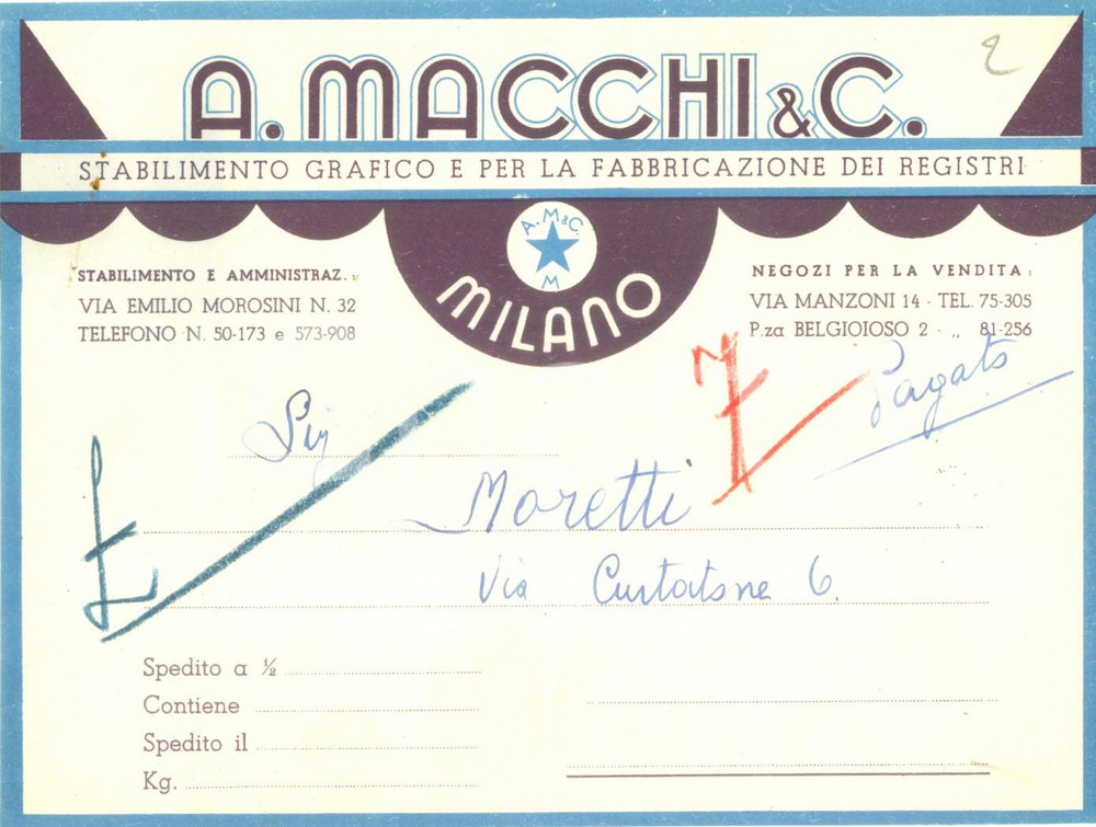 Documento originale, autentico 1935 ca MILANO Stabilimento Grafico MACCHI & C. Fabbricazione registri 1