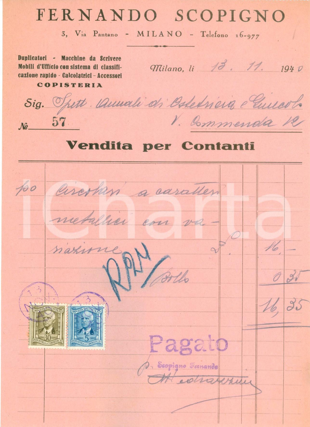 Documento originale, autentico 1940 MILANO Fernando SCOPIGNO Duplicatori Macchine da scrivere Fattura 1