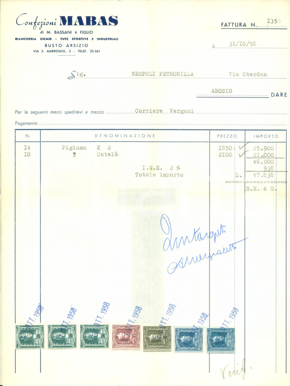Documento originale, autentico 1958 BUSTO ARSIZIO VA Confezioni MABAS di Mario BASSANI Biancheria uomo 1