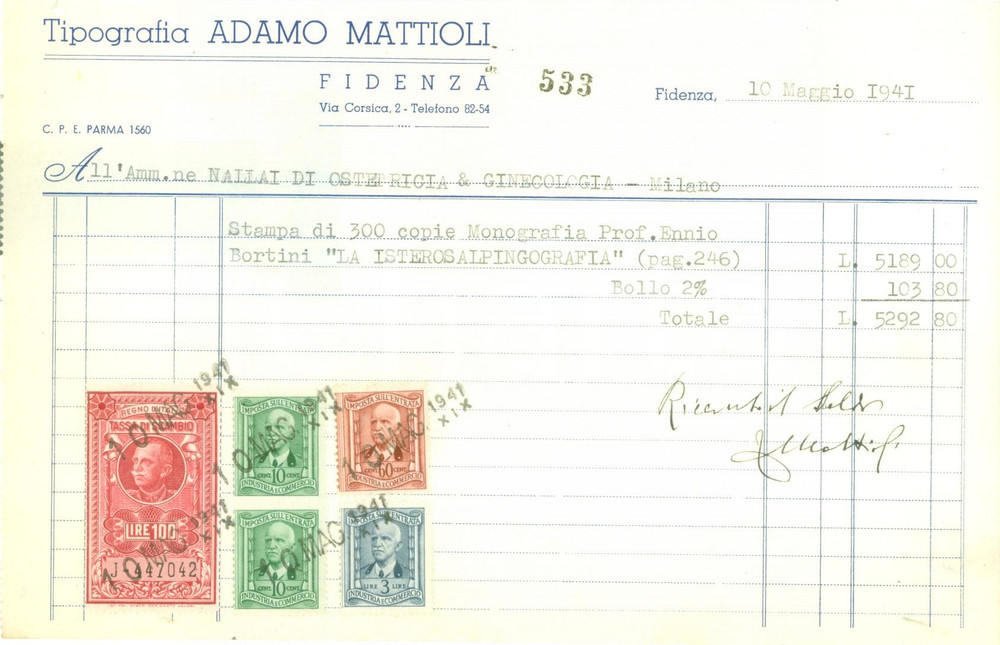 Documento originale, autentico 1941 FIDENZA PR Tipografia Adamo MATTIOLI Fattura commerciale 1