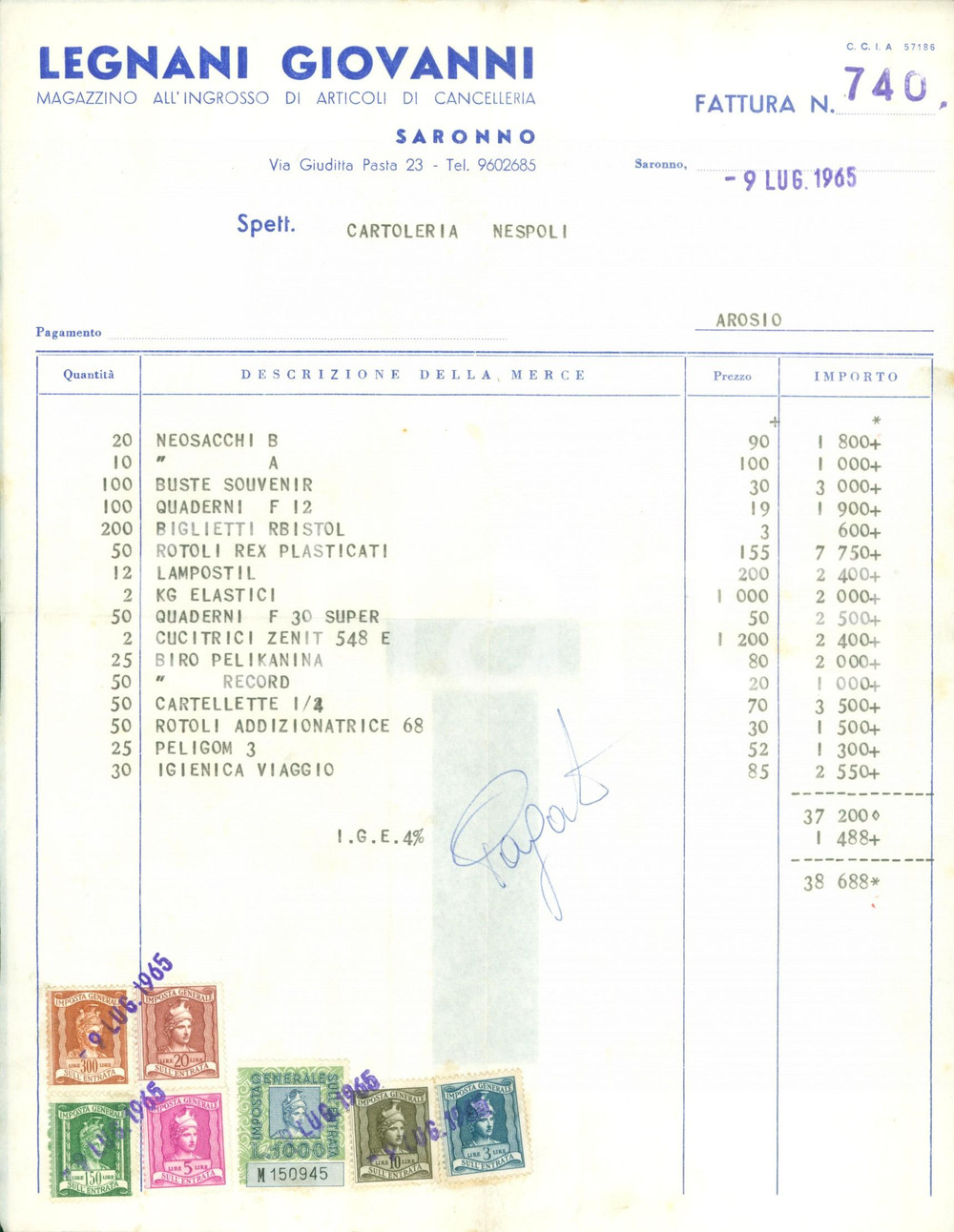 1965 SARONNO (VA) Giovanni LEGNANI Magazzino articoli cancelleria *Fattura