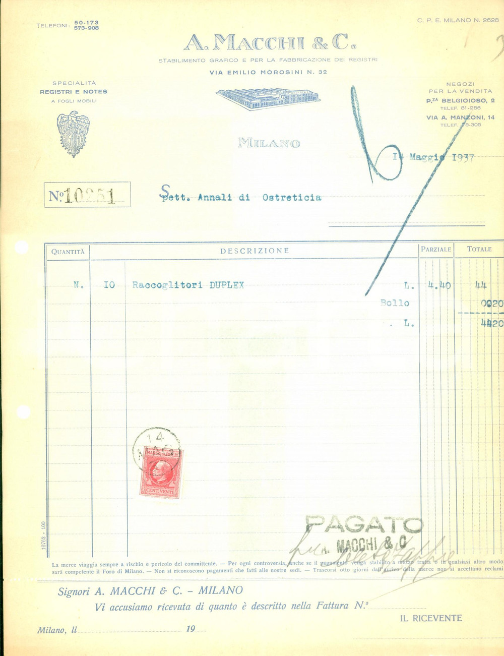 Documento originale, autentico 1937 MILANO Stabilimento Grafico MACCHI Fattura intestata ILLUSTRATA 1
