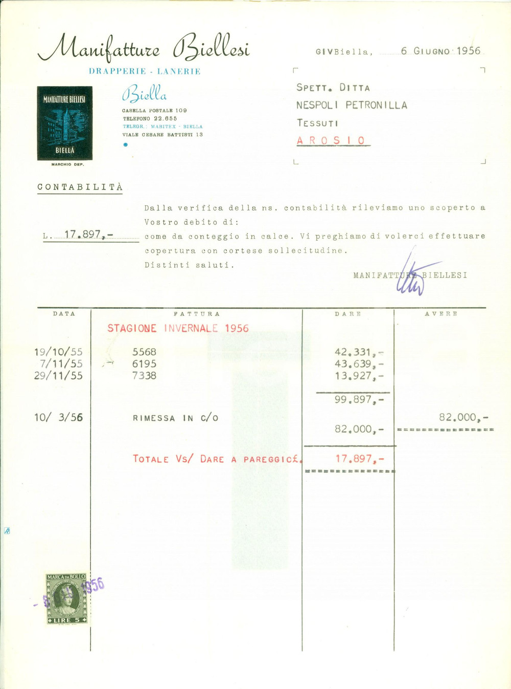 Documento originale, autentico 1956 BIELLA Manifatture Biellesi drapperie lanerie Fattura commerciale 1