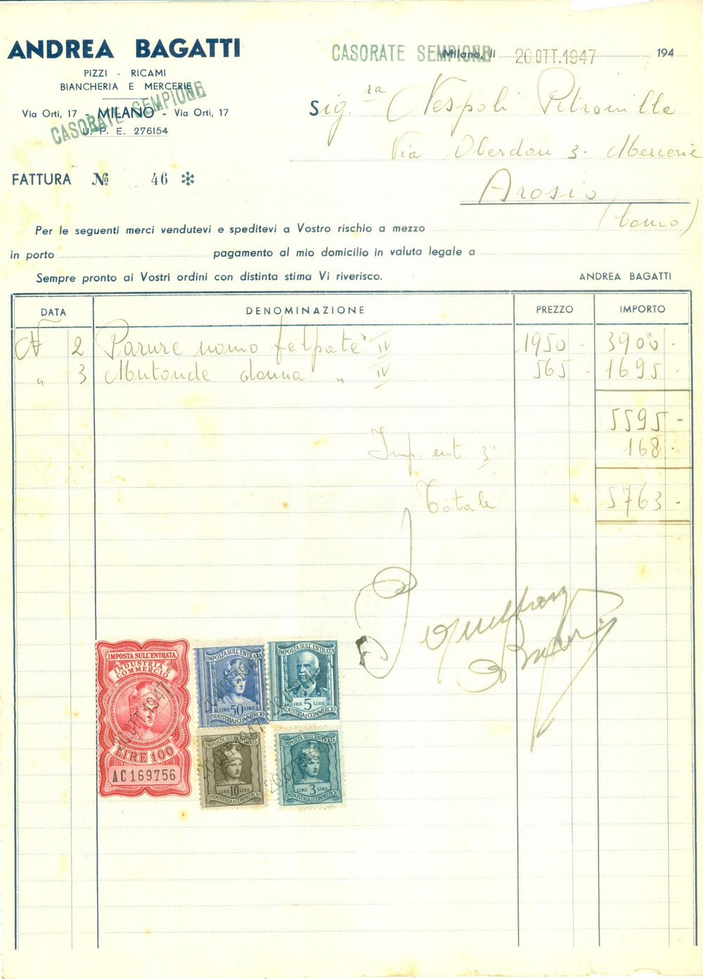 Documento originale, autentico 1947 CASORATE SEMPIONE VA Andrea BAGATTI Pizzi ricami biancheria Fattura 1