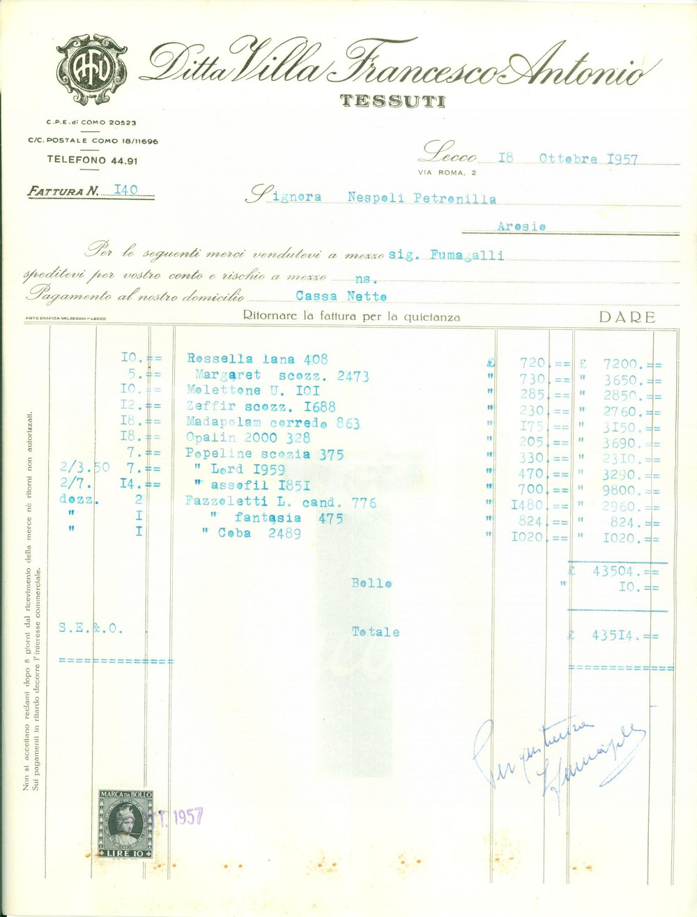 Documento originale, autentico 1957 LECCO Ditta Francesco Antonio VILLA Tessuti Fattura commerciale 1