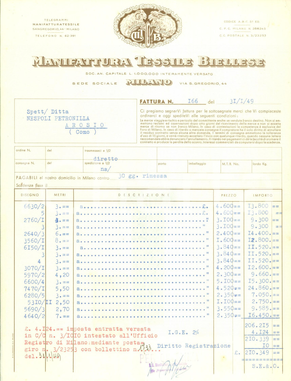 Documento originale, autentico 1949 MILANO Manifattura Tessile Biellese Fattura commerciale intestata 1