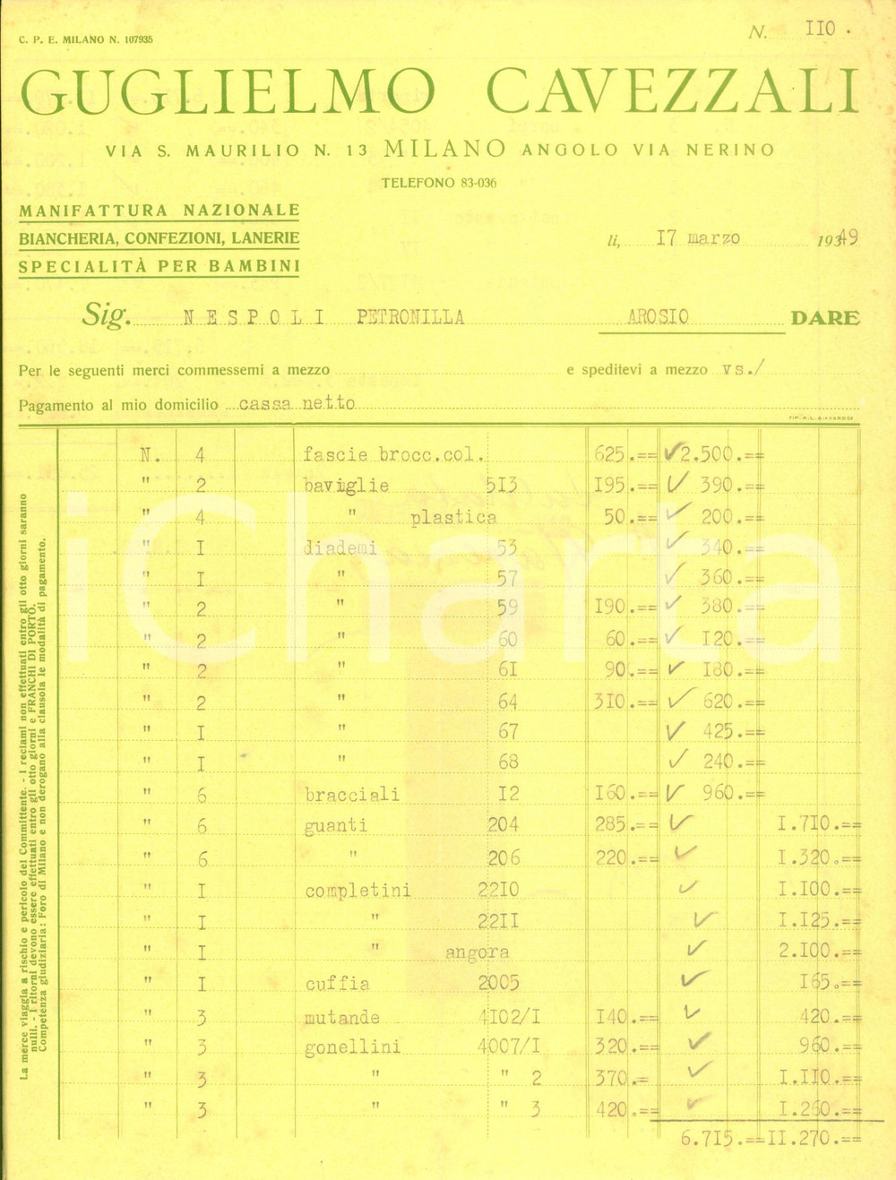 Documento originale, autentico 1949 MILANO Guglielmo CAVEZZALI Manifattura nazionale biancheria Fattura 1