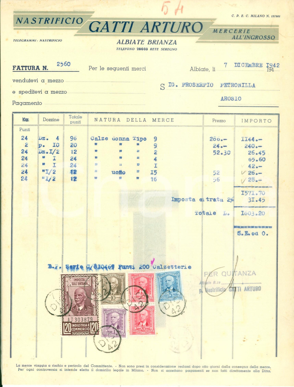 Documento originale, autentico 1942 ALBIATE MB Nastrificio GATTI Arturi Mercerie all ingrosso Fattura 1