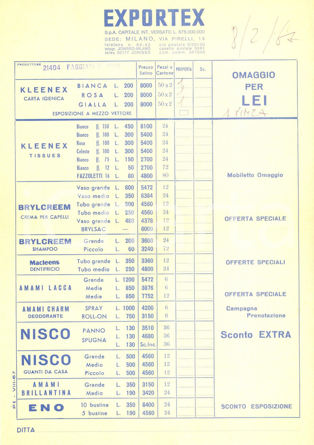 Documento originale, autentico 1967 MILANO Listino prezzi EXPORTEX Carta igienica KLEENEX Documento 1